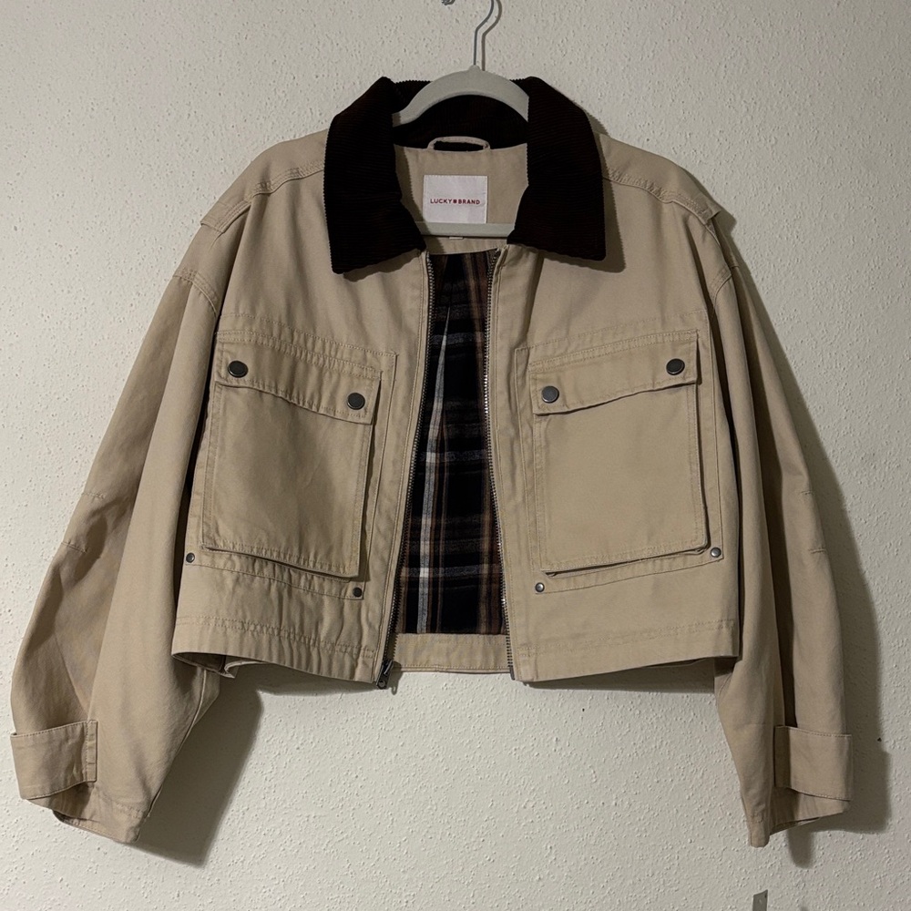 Lucky Brand Beige Utility Jacket with Dark Brown Corduroy Collar